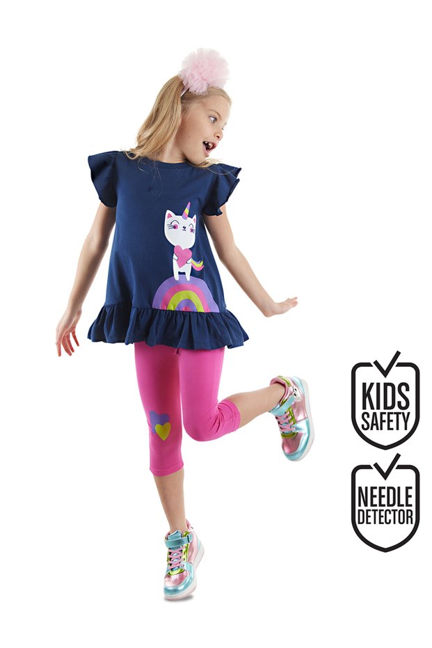 Navy Blue Pink Unicorn Cat Ruffled Girl's Summer T-Shirt Tights Set