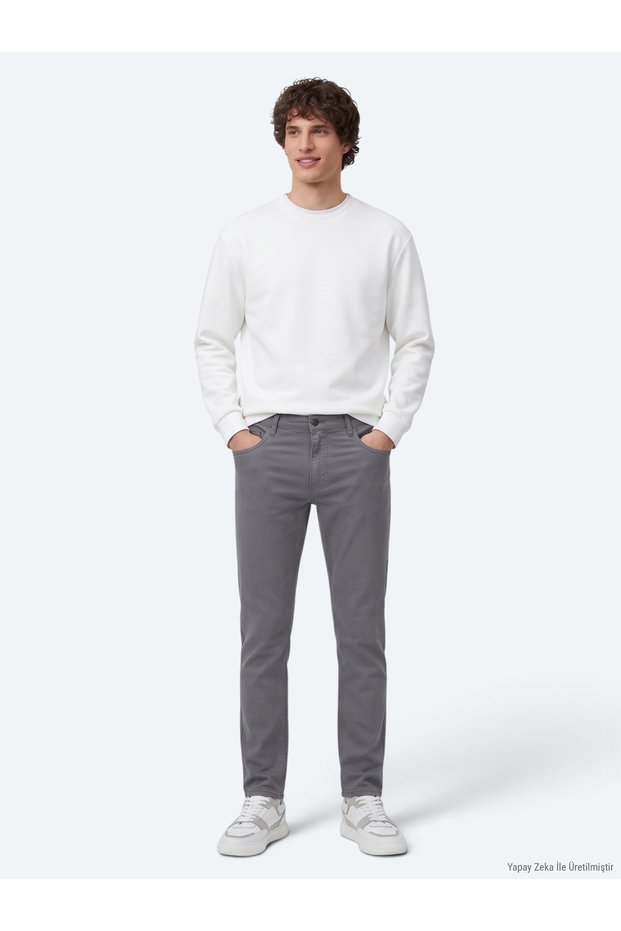 Anthracite Woven Slim Fit Casual Cotton Blended Trousers