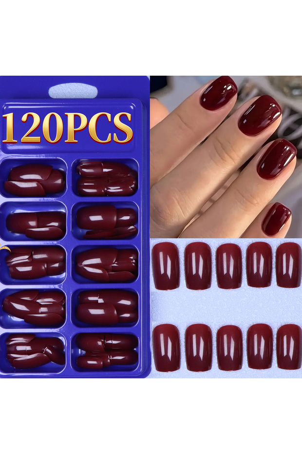 Red 120PCS Press French Mid-Length Square Fake Nails Solid Color Design Reusable Acrylic False Nails