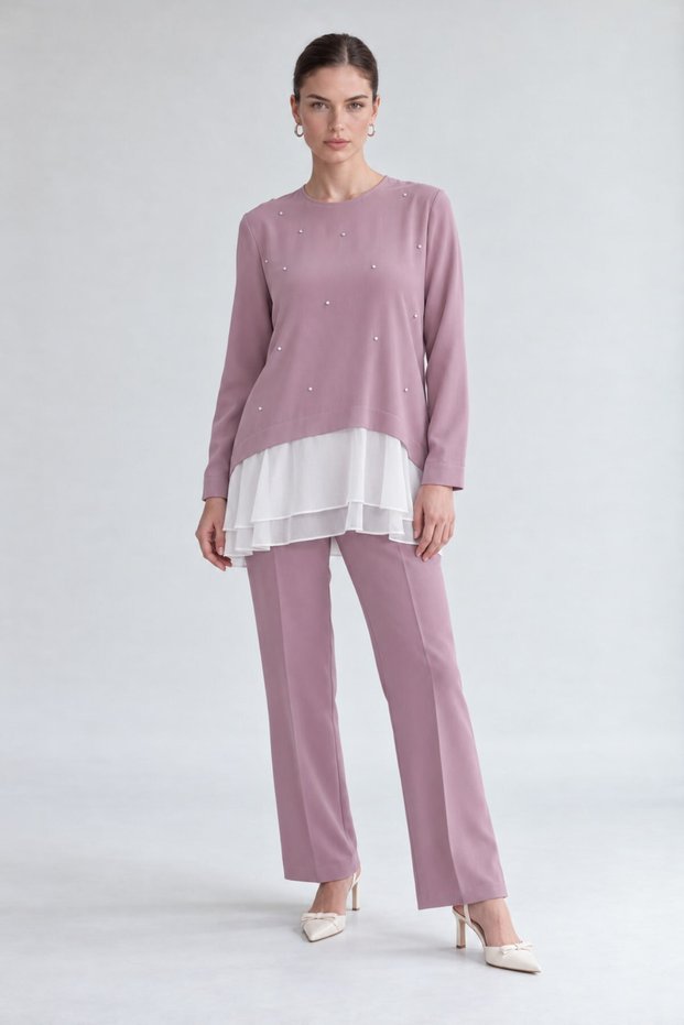 Chiffon-Detailed Tunic Set in Light Lilac