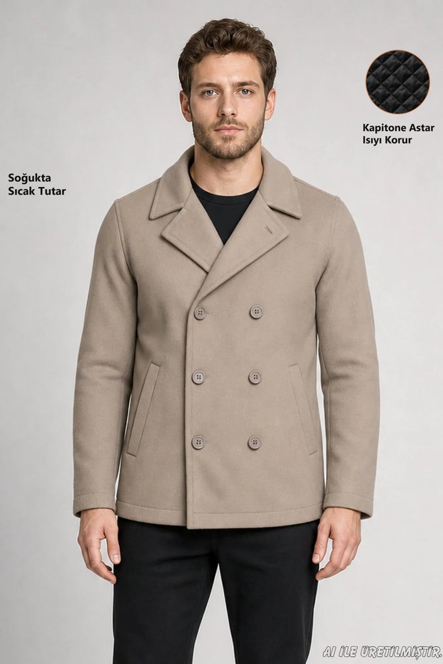 Men's Cream Double-Breasted Collar Wind-Resistant Quilted Winter Cashmere Jacket