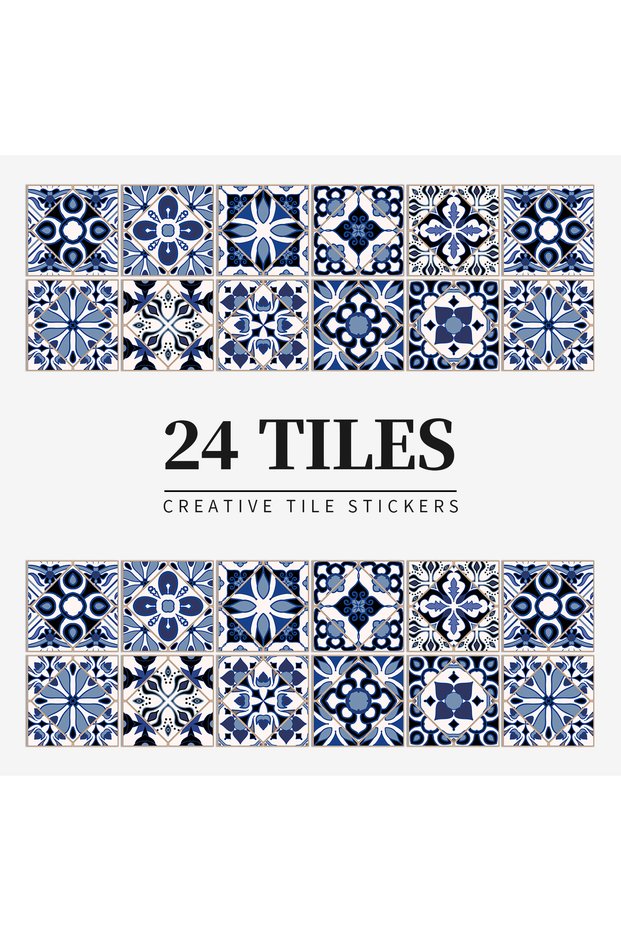 Small Blue 24 Pcs/Pack, Waterproof and Oil-proof, Easy To Clean, Blue Retro Pattern Self-adhesive PV