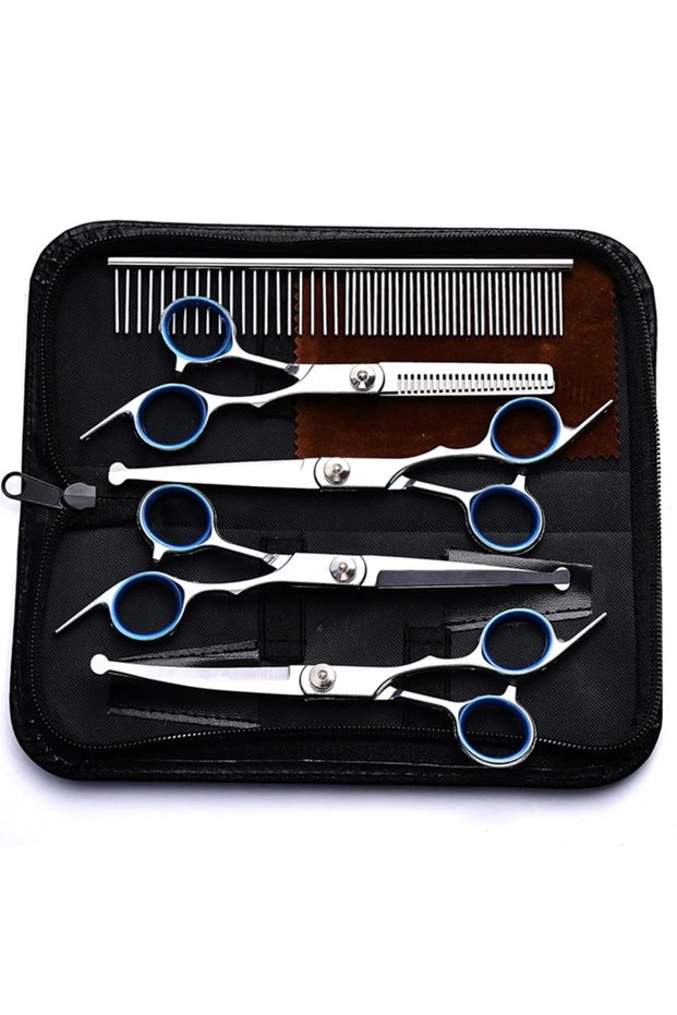 Blue 5 in 1 Professional Dogs Grooming Scissors Set Stainless Steel Dog and Cat Hair Thinning Shears