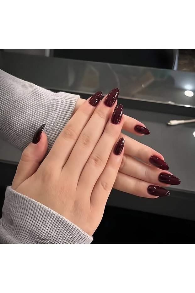 Red 24 PCs Short Red Almond French Simple Solid Nails with 1 Jelly Gel and 1 Nail File