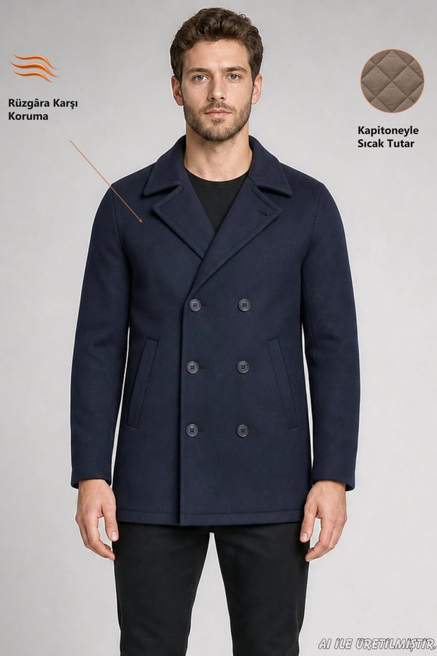 Men's Navy Blue Double-Breasted Collar Wind-Resistant Winter Cashmere Jacket with Quilted Interior