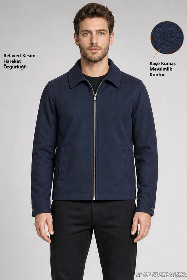 Men's Navy Blue Classic Collar Lined Cashmere Jacket