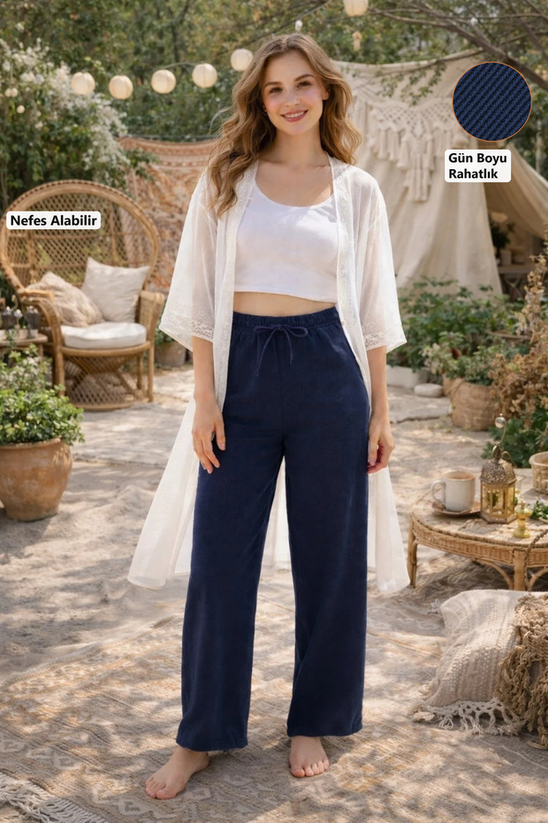 Women's High Waist Gabardine Fabric Wide Leg Comfortable Fit Summer Navy Blue Trousers