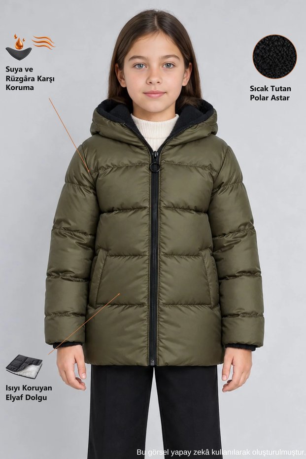 Girl's Khaki Fleece Inside Hooded Waterproof Wind Resistant Pocket Puffer Winter Jacket