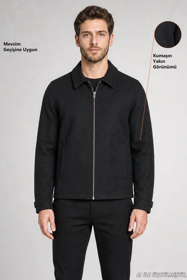 Men's Black Classic Collar Lined Cashmere Jacket