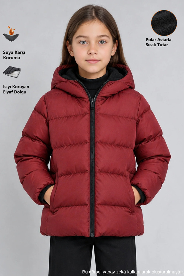 Girl's Burgundy Fleece Inside Furry Hooded Waterproof Wind Resistant Inflatable Winter Jacket Coat