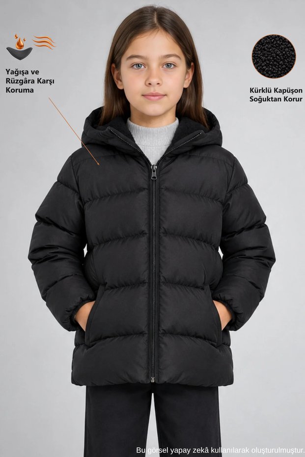 Girl's Black Fleece Lined Fur Hooded Waterproof Windproof Inflatable Winter Coat