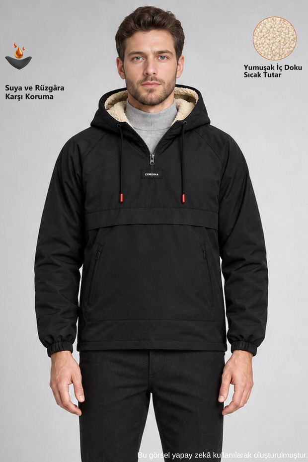 Men's Black Slim Fit Plush Lined Hooded Kangaroo Pocket Water and Wind Resistant Coat