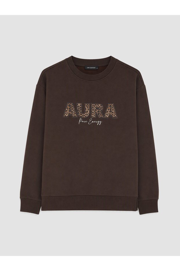 Özmarka New Season Brown Leopard Embroidered Women's Sweatshirt