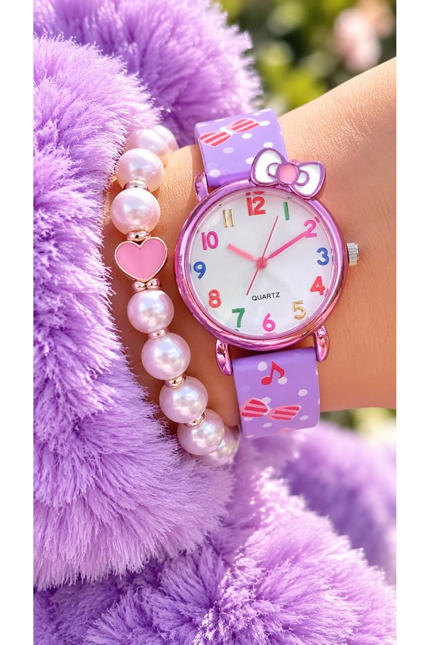 Purple Leather Cord in Stylish Gift Box, Bow Case (Anti-Allergic) Girl's Wristwatch+Bracelet