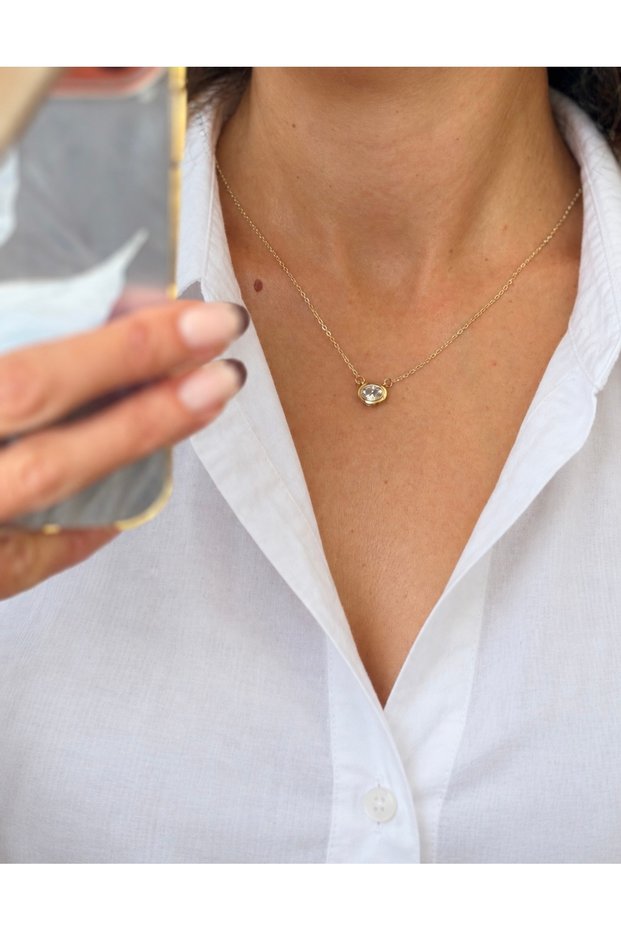 Liora Gold Single Stone Zircon Detailed Minimal Steel Necklace