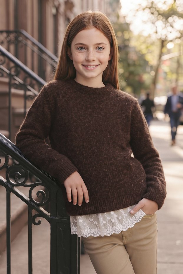 Girls' Sweater with Ruffled Skirt and Crew Neckline