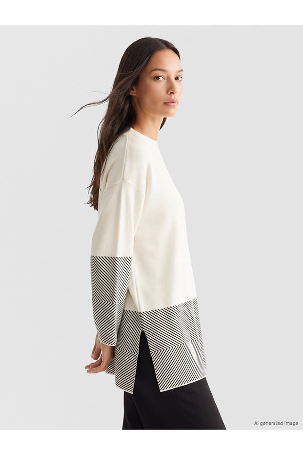 Peak New Season White Crew Neck Patterned Women's Knitwear Sweater