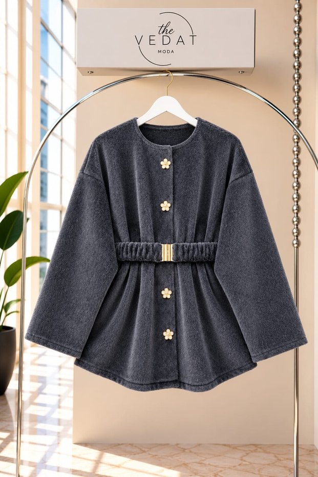 Women's Belted Coat with Button Details -0700 Grey