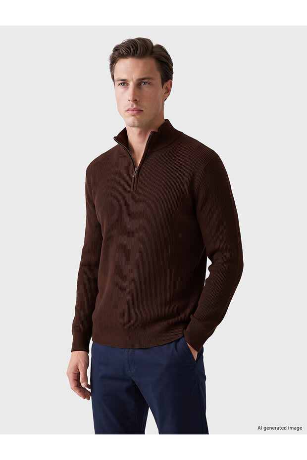 Ozmarka New Season Brown Stand Collar Men's Knitwear Sweater
