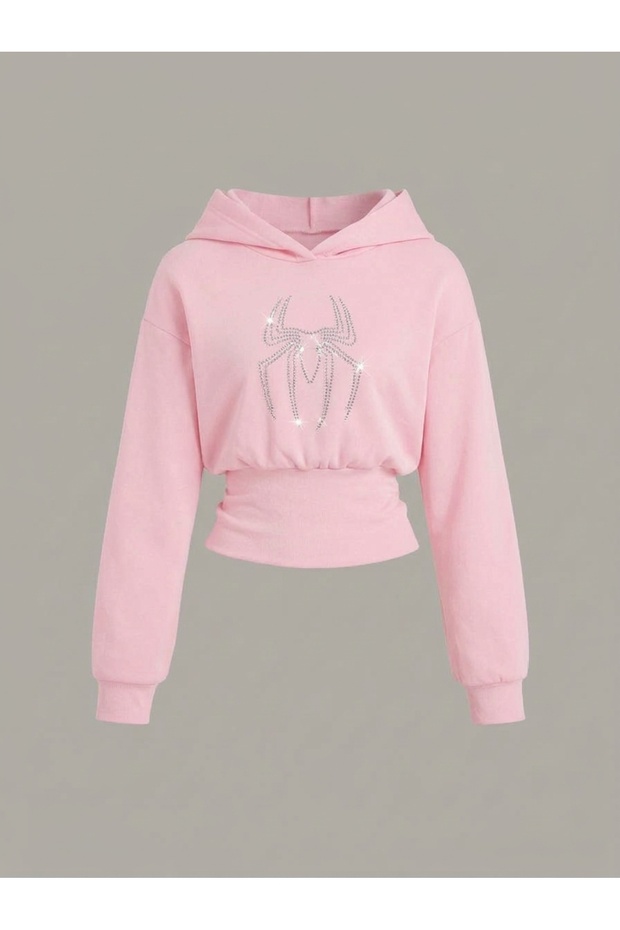 Women's Oversize Crystal Stone Printed Short Hooded Crop Sweatshirt