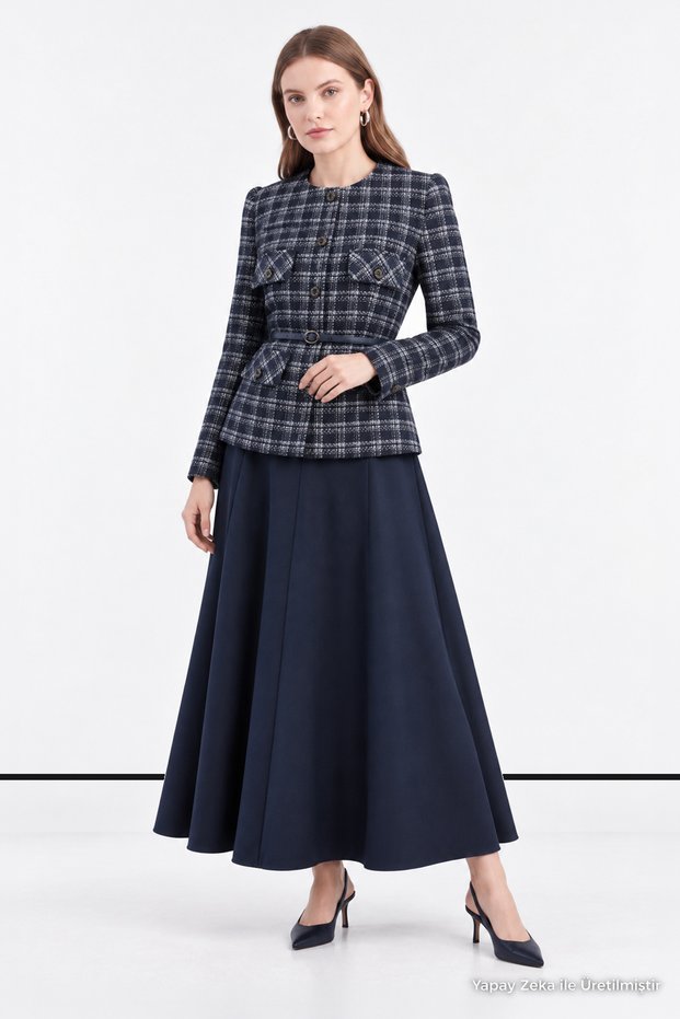 Plaid patterned belted bicycle collar navy blue suit 2082