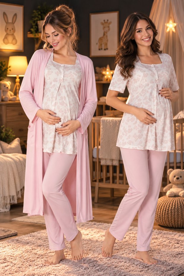 Adjustable Elastic Pajama Set with Maternity Robe, 3-Piece Set, Effortt