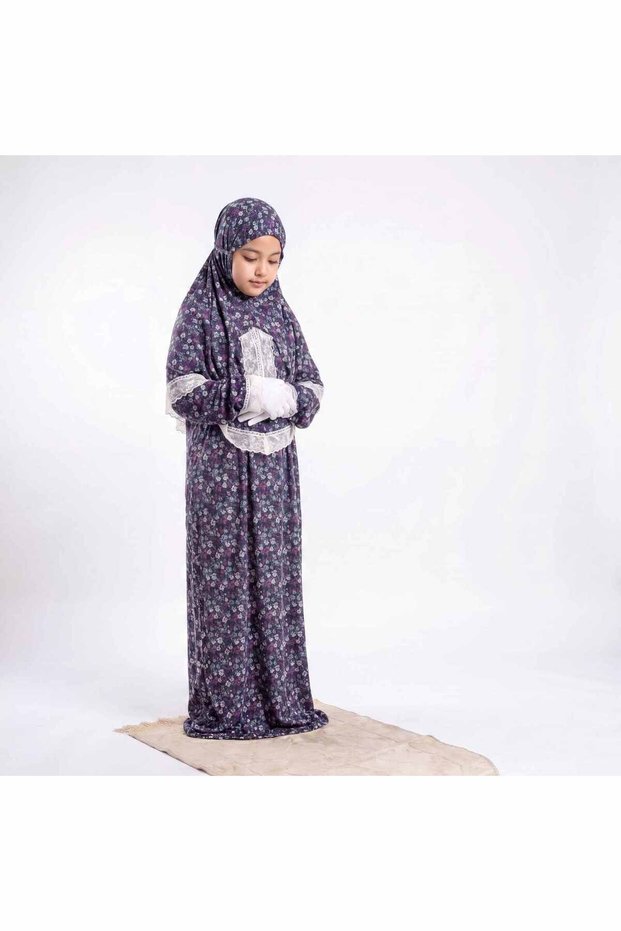 Linda Girls Floral Prayer Dress with Matching Shawl – Purple Printed Islamic Prayer Outfit for Muslim Kids, Modest Full-Length Salah Wear