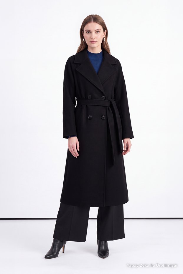 Double-Breasted Collar Belted Cashmere Black Coat 12822