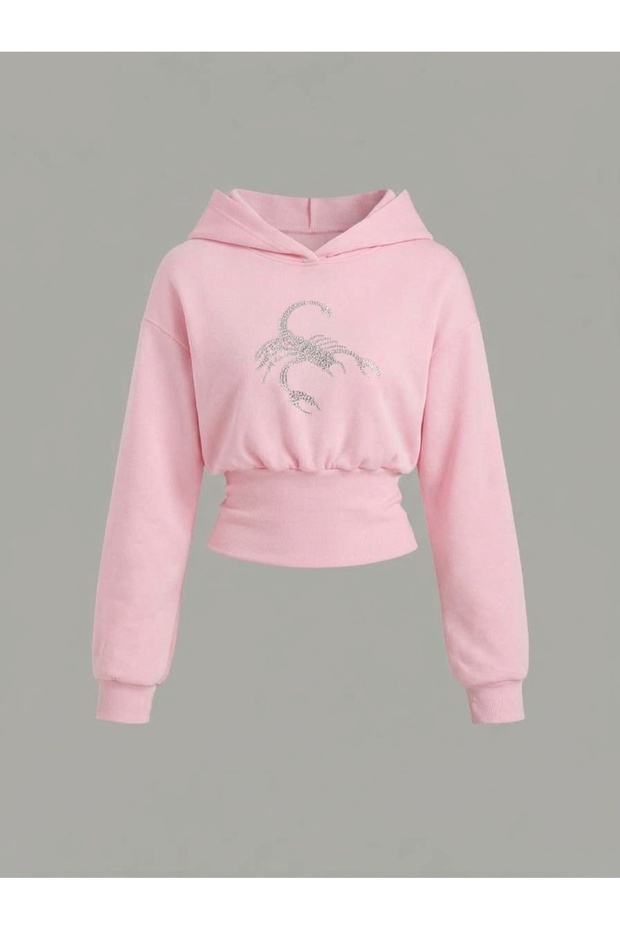 Women's Oversize Crystal Stone Printed Short Hooded Crop Sweatshirt