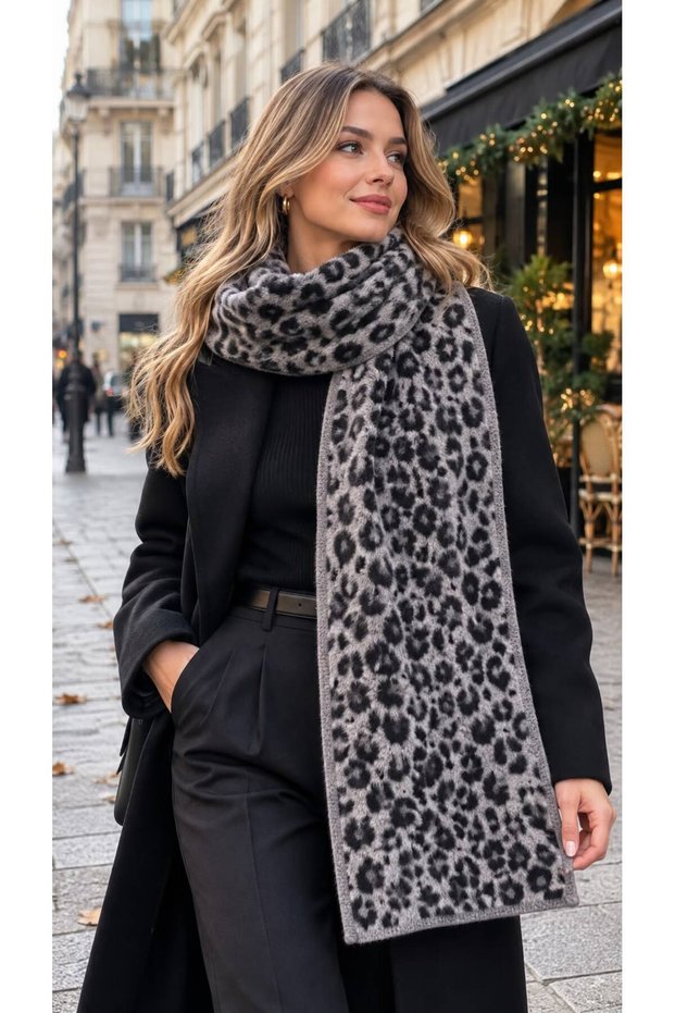 Eșarfă de damă cu textură moale și model leopard gri