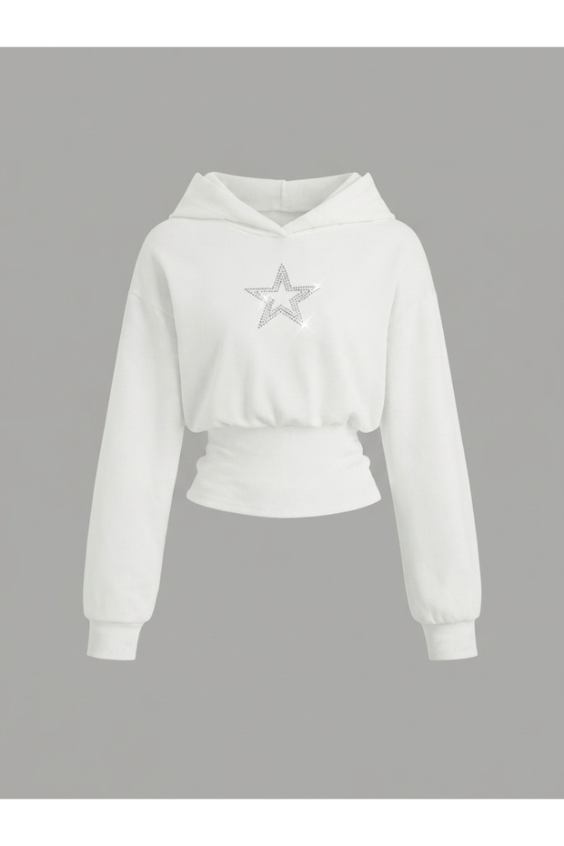 Women's Oversize Crystal Stone Printed Short Hooded Crop Sweatshirt