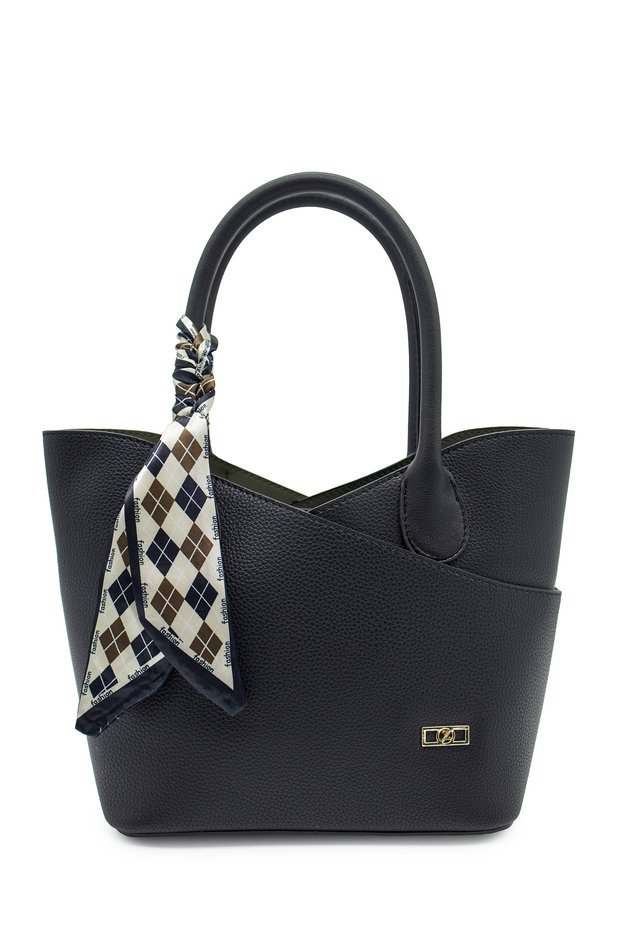 Scarf Detailed Double-Breasted Cut Black Bag 0084
