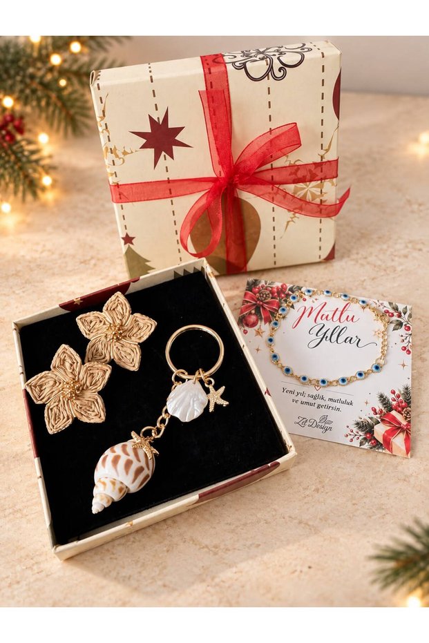 New Year's 3-Piece Gift Set (Wicker Earrings, Keychain, Evil Eye Bracelet)