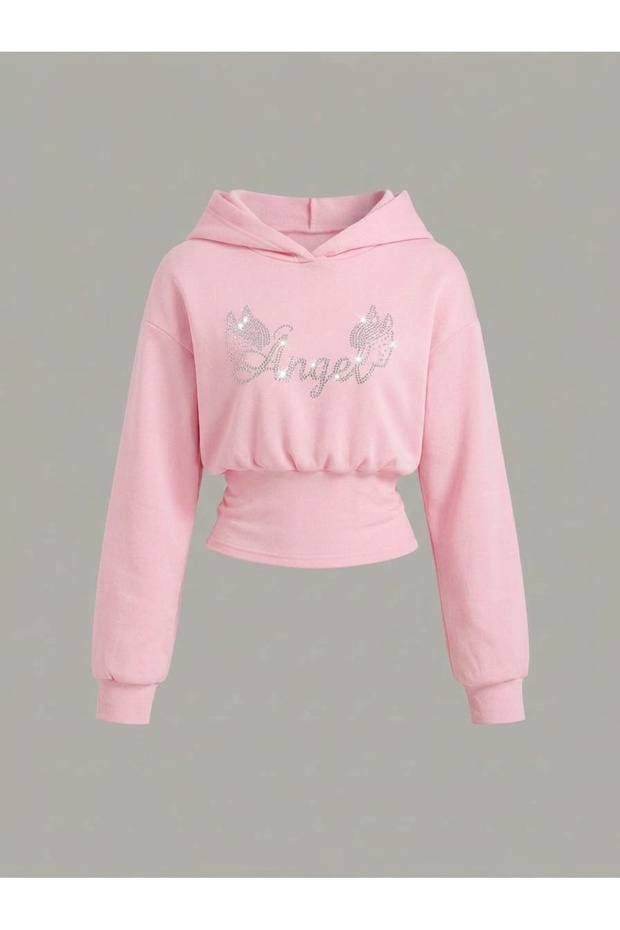 Women's Oversize Crystal Stone Printed Short Hooded Crop Sweatshirt