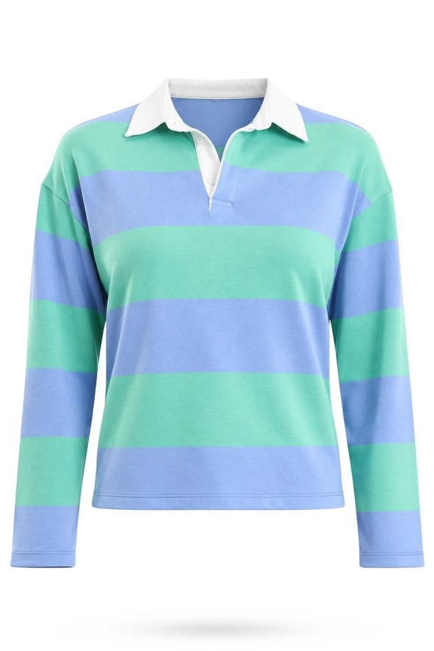 Blue Contrast Collar Striped Long Sleeve T-Shirt 4762