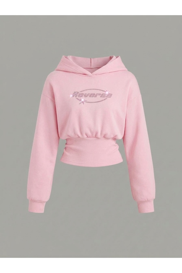 Women's Oversize Crystal Stone Printed Short Hooded Crop Sweatshirt