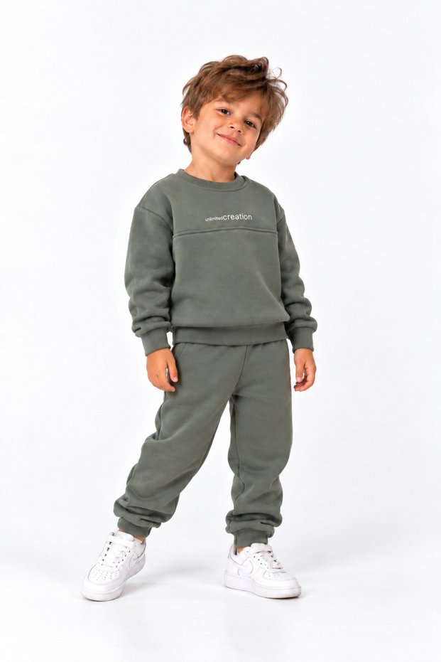Simit Yaka Creation Printed Piecework Sweatshirt/Elastic Waist Sweatpants 3-Strap Drawstring Set