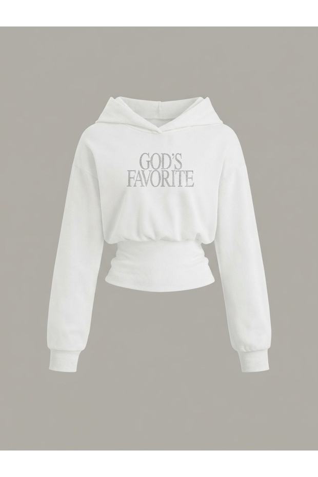 Women's Oversize Crystal Stone Printed Short Hooded Crop Sweatshirt