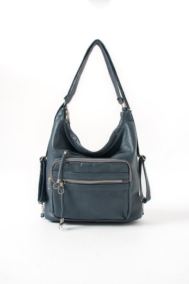 Blue Soft Leather Stylish and Practical Large Multi-Compartment 3-in-1 Women's Backpack, Shoulder Bag, and Crossbody Bag