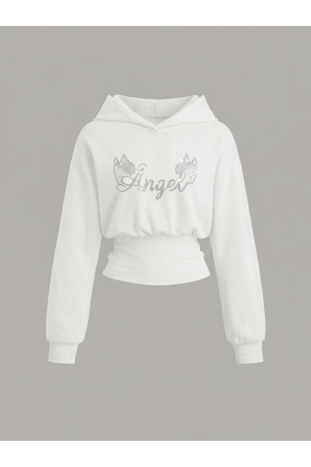 Women's Oversize Crystal Stone Printed Short Hooded Crop Sweatshirt