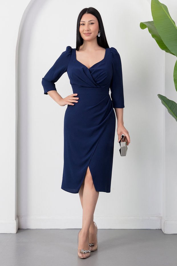 Double-Breasted Collar Capri Sleeve Crepe Dress Drp528