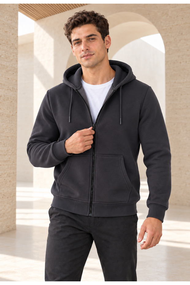 Men's Hooded, Pocketed, Wool-Lined, Full-Zip Cardigan in Charcoal Grey
