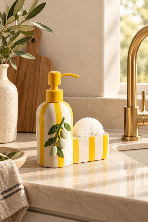 Olive and Tomato Patterned Pump Liquid Soap Dispenser and Sponge Holder – 2-in-1 Striped Decorative Kitchen Soap Dispenser