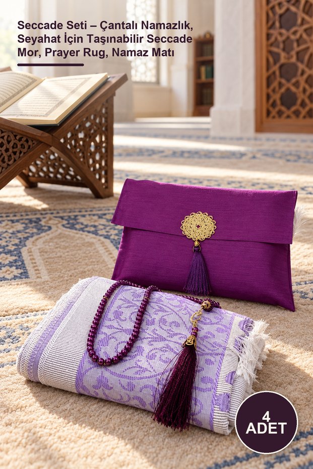 4-Piece Prayer Rug Set – Prayer Mat with Bag, Portable Prayer Rug for Travel, Purple, Prayer Rug, Prayer Mat
