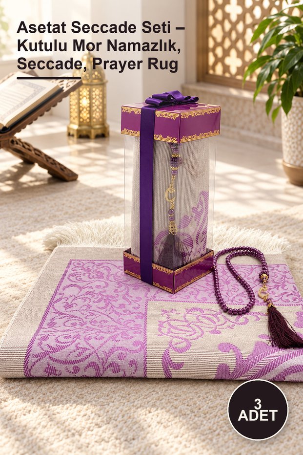 3-Piece Acetate Prayer Rug Set – Boxed Purple Prayer Mat, Prayer Rug