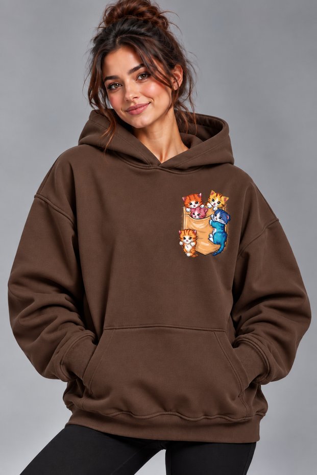 Oversize Hoodie Sweatshirt with Cat Print, Premium Thick Winter Hoodie with Kangaroo Pocket