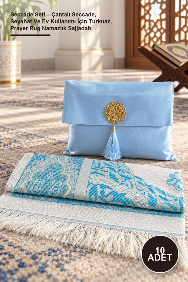 10-Piece Prayer Rug Set – Prayer Rug with Bag, Turquoise for Travel and Home Use, Prayer Rug Namazlık Sajjadah