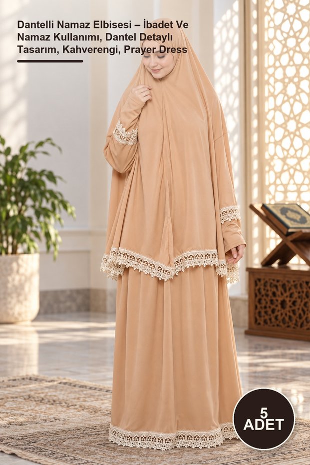 5 Pieces of Lace Prayer Dress – for Worship and Prayer Use, Lace Detailed Design, Brown, Prayer Dress