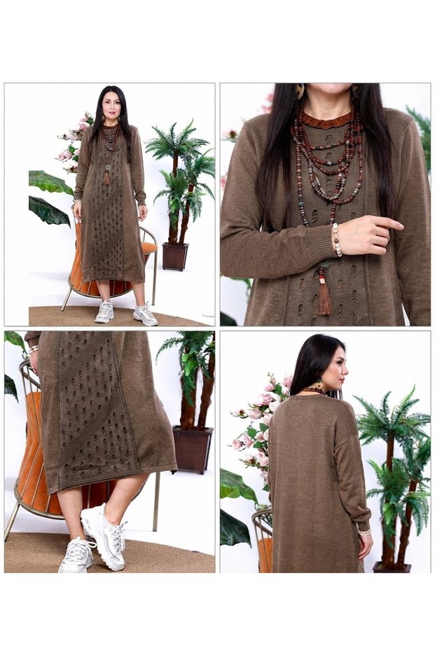 Women's Round Neck 100% Cotton Midi Knitwear Dress with Vintage Detail