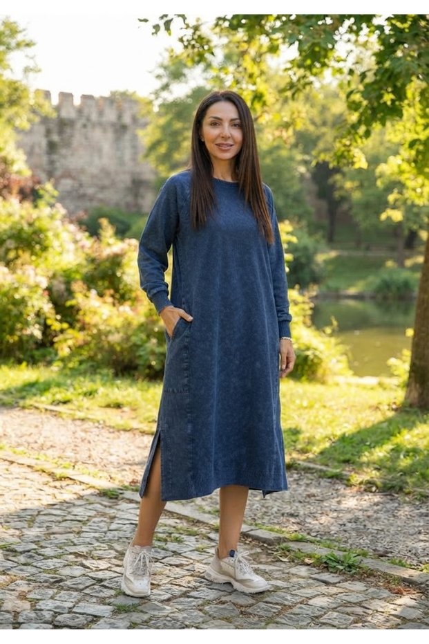 Women's Round Neck Gabardine Fabric and Vintage Detailed 100% Cotton Midi Knitwear Dress